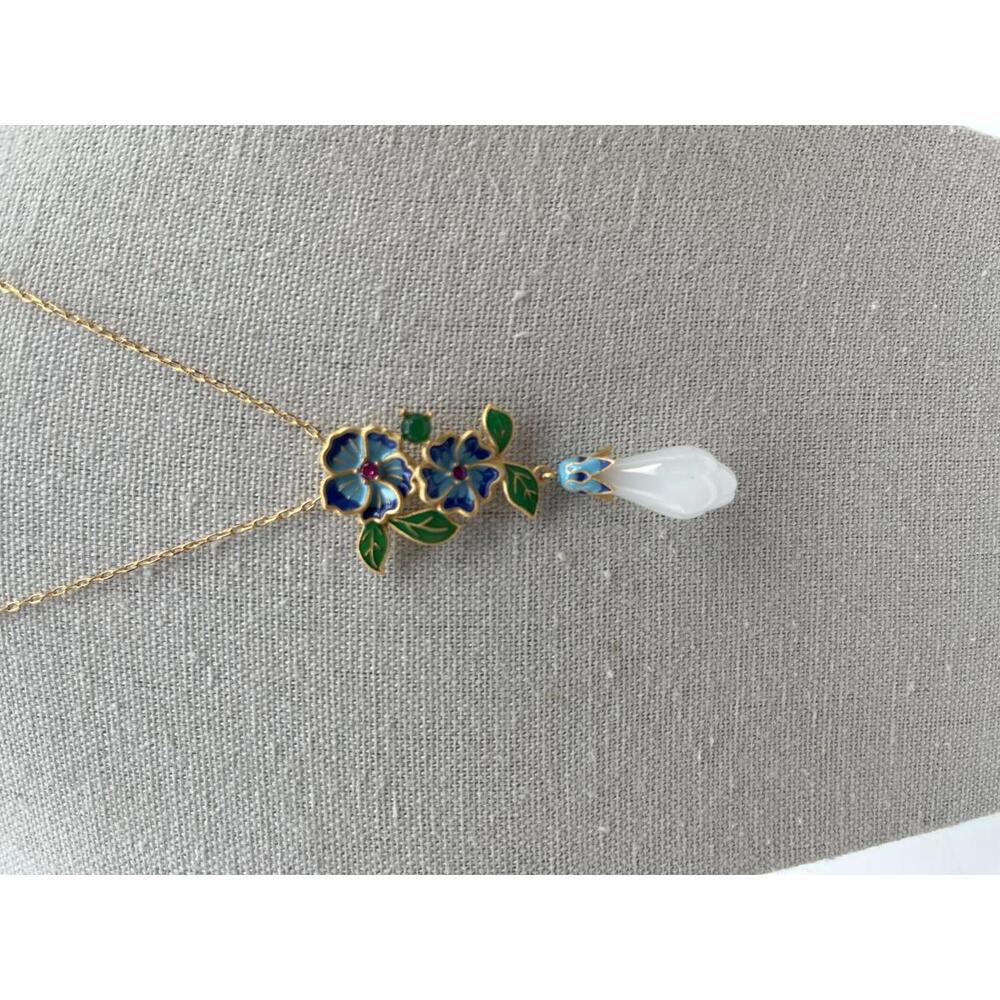 Enameled Floral Pendant Necklace with Teardrop Charm